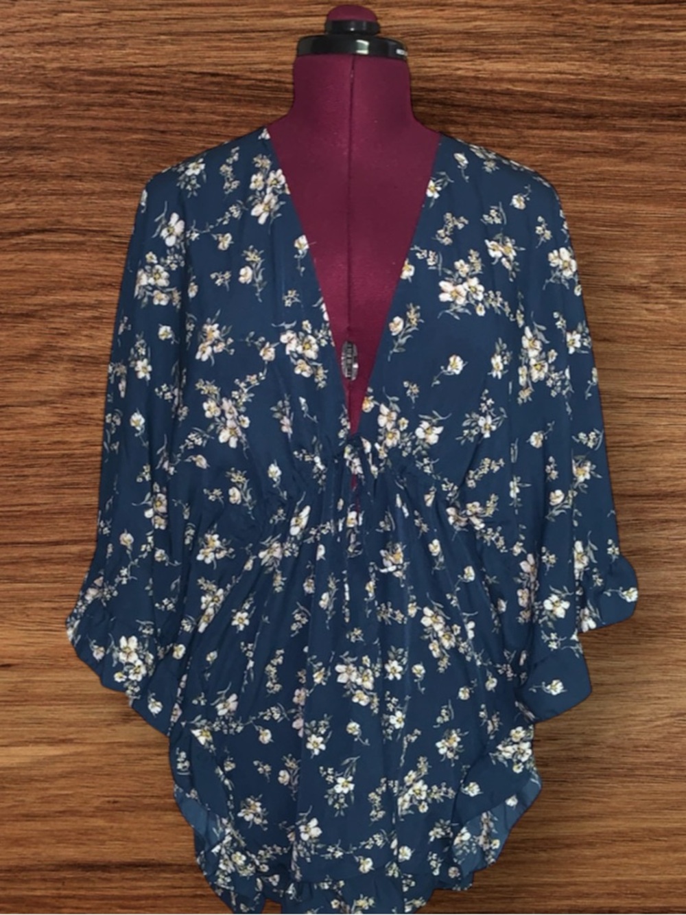Time and Tru Navy Floral Print Ruffle Sleeve Tie-Front Kimono